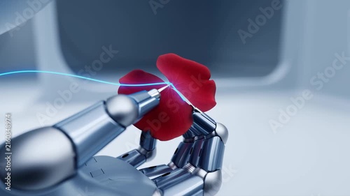 AI generated 4k video of robotic hand sewing red petal under bright clinical lighting.