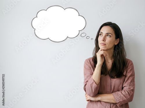 Thoughtful woman with thinking pose and speech bubble