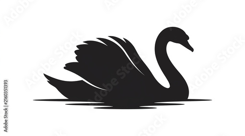 Minimalist black swan silhouette vector graphic floating elegantly across calm water surface isolated white background with swimming gracefully raised