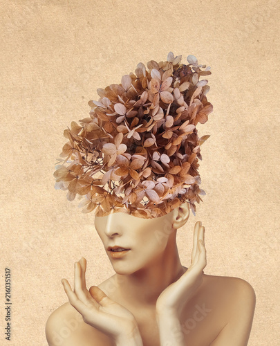 Abstract contemporary art collage portrait of young woman with flowers on sad face