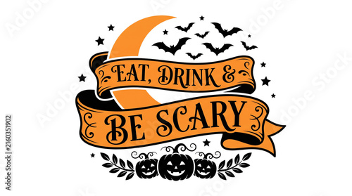 Halloween illustration with ribbon banner and spooky elements on white background