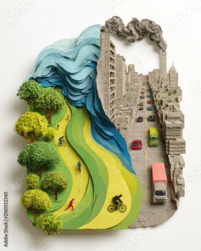Sustainable transportation. Green cycling and walking paths contrast with polluted urban traffic, representing clean mobility, ecology and healthier cities.