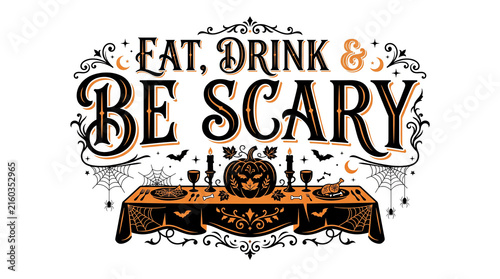 Vintage halloween party invitation with festive table setting and spooky typography