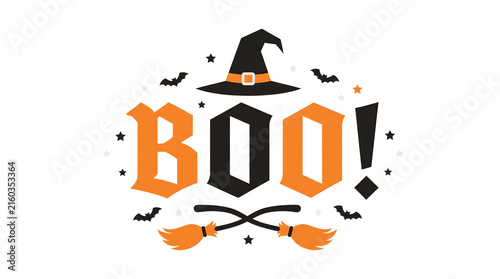 Festive halloween design featuring the word boo with a witch hat and broomsticks