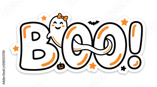 Cute hand drawn halloween boo text design with a friendly little ghost and stars on white background