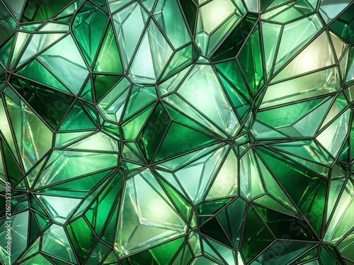 Emerald Green Stained Glass Mosaic Backgrounds Set with Geometric Patterns, Prism Crystals, and Abstract Landscapes
