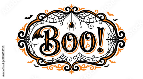 Vintage halloween boo sign with decorative ornate frame spider and bats on a white background