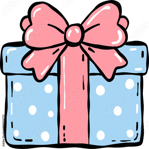 Cute Hand Drawn Christmas Gift Box Vector. Blue Polka Dot Present Box with Pink Bow Ribbon Clipart. Whimsical Kawaii Birthday Celebration Clip Art. Isolated Party Graphic Design Element.