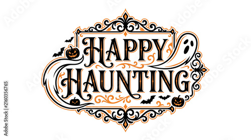 Happy haunting vintage style halloween illustration with ghost and pumpkin elements