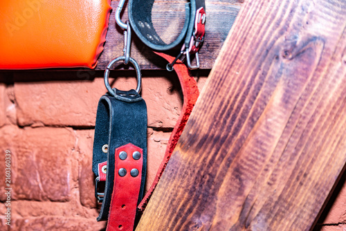 Red and black leather harness hangs against brick wall