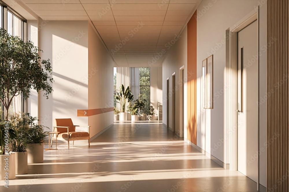 Fototapeta premium Bright Clinic Corridor with Directional Color Stripe and Seating Area