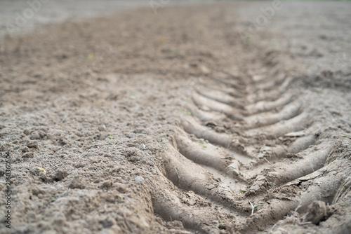 Deep tractor tire tracks imprinted in dry sandy soil on a rural construction site