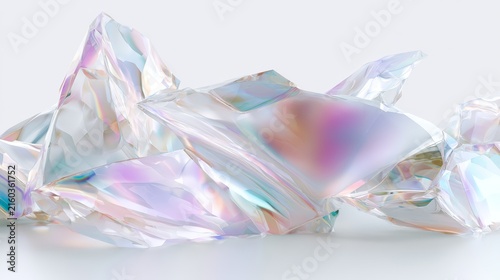 Minimal abstract fractured glass composition with iridescent shards on white background for modern wallpaper and banner design