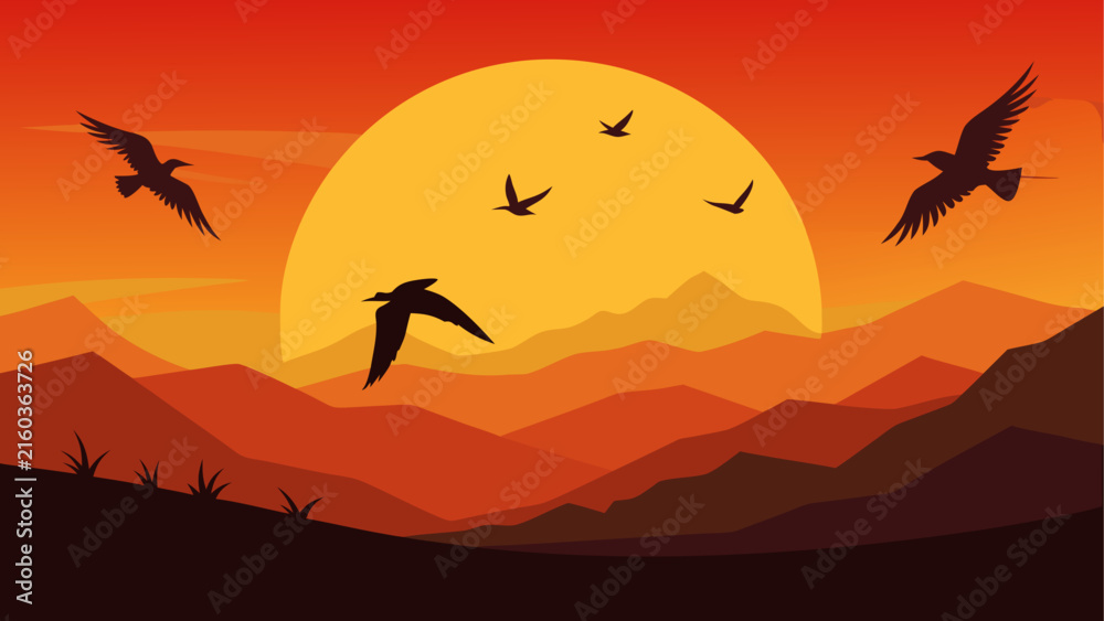 Naklejka premium Birds flying over sunset mountains