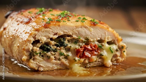 Savory Golden-Brown Roasted Chicken Breast Stuffed with Melting Mozzarella, Sun-Dried Tomatoes, and Herbs, Served on a Plate. Close-up Shot.