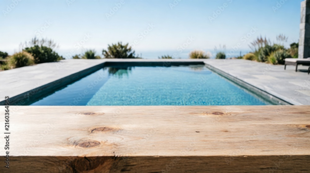 Fototapeta premium Modern Pool with Wooden Foreground and Ocean View for Web Design