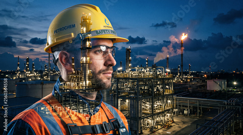 Double exposure portrait of an engineer at an oil refinery plant