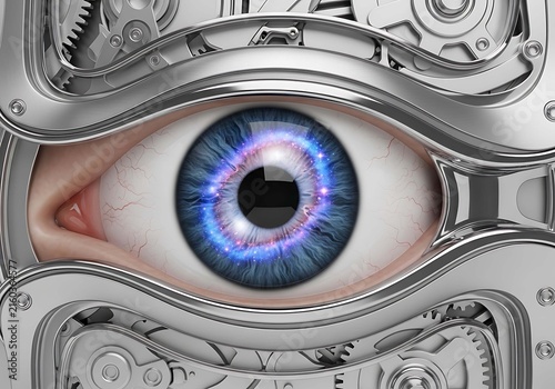 Abstract Robotic Eye Human Machine Interface Concept with Digital Blue Iris and Gears