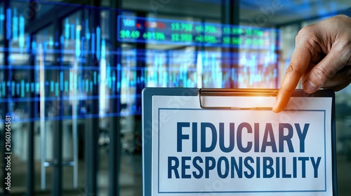 Hand pointing to fiduciary responsibility clipboard with finance graphs background