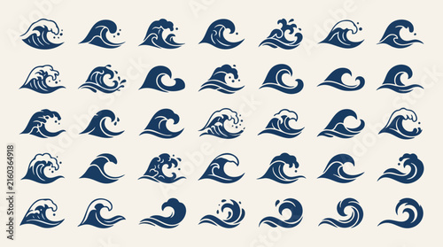 Japanese inspired sea wave crest collection featuring ocean water curls ornamental marine elements and timeless decorative motifs for creative design resources