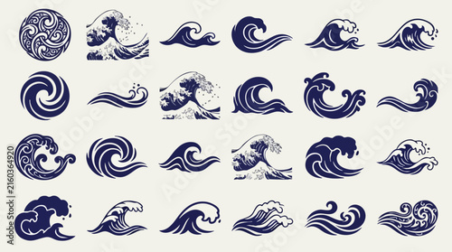 Premium Japanese wave crest bundle featuring decorative ocean waves sea curls traditional water symbols and elegant Asian inspired graphic elements