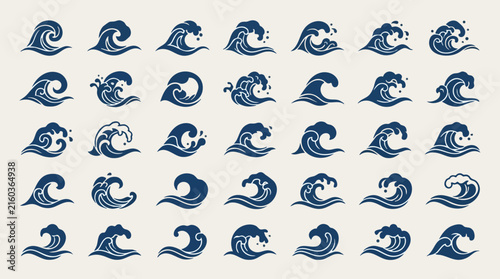 Japanese style ocean wave icon collection with decorative sea crest elements flowing water curls and traditional marine symbols for branding patterns and illustrations