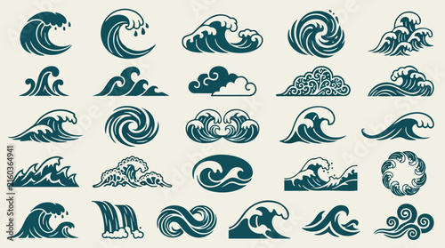 Classic Japanese ocean wave collection featuring decorative sea crest designs stylized water curls and traditional marine ornaments for creative graphic applications