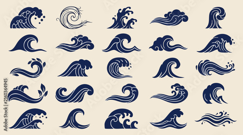 Traditional Japanese wave crest set with flowing ocean wave motifs decorative sea curls and classic water symbols for creative branding textile packaging and print