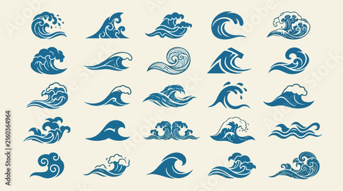 Decorative Japanese ocean wave crest bundle with elegant sea wave elements flowing water motifs and traditional Asian inspired designs for logos patterns and branding