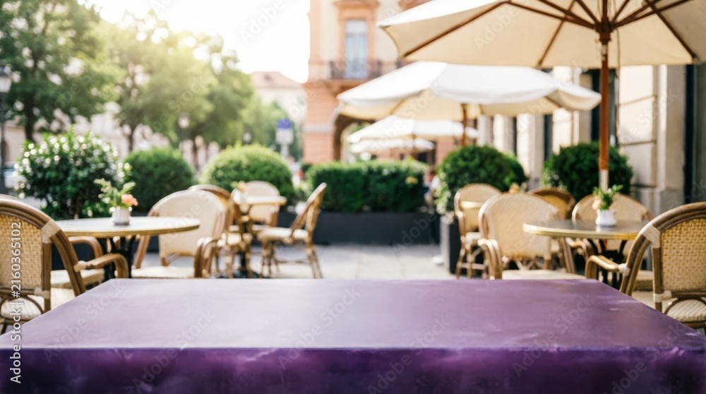 Fototapeta premium Outdoor Cafe Tables with Purple Cloth and Umbrellas for Lifestyle Photography