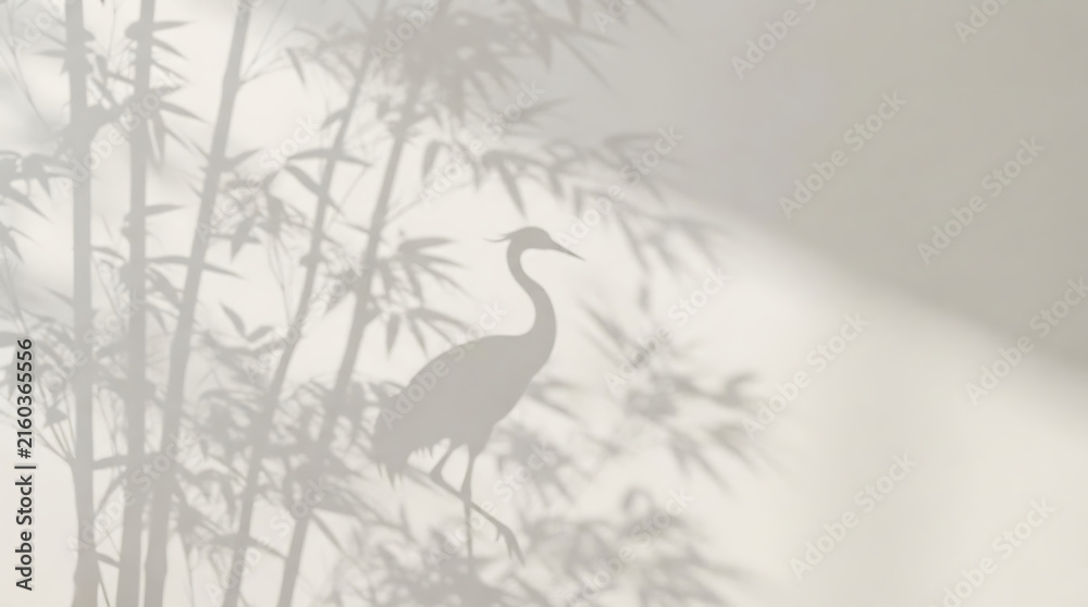 Naklejka premium Elegant Crane and Bamboo Shadows on a Smooth White Wall