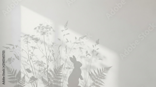 Charming Rabbit and Meadow Flower Shadows on a Bright White Wall