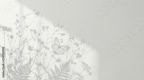 Delicate Butterfly and Wildflower Grass Shadows on a White Plaster Wall