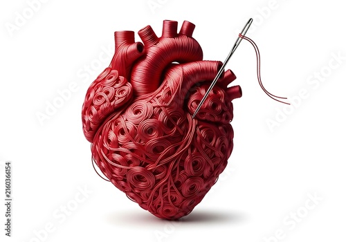 Abstract Thread Artwork of Human Heart with Needle and Red Thread on White Background