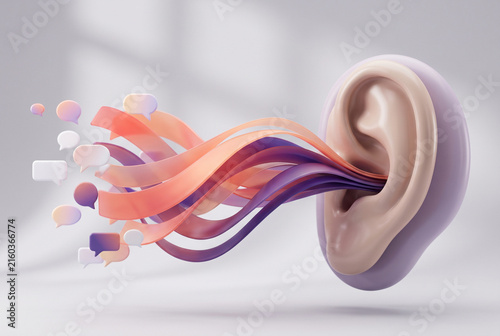 Auditory ear listening to speech bubbles in soft 3D concept