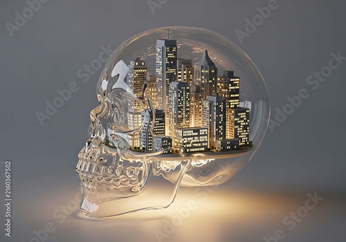 Abstract Urban Metropolis Inside Transparent Skull: Conceptual Vision with Illuminated Cityscape Art
