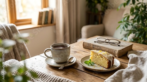 Cozy afternoon tea with lemon cake and book in natural window light
