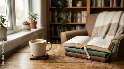 Cozy armchair and coffee beside a sunlit window with books and plants