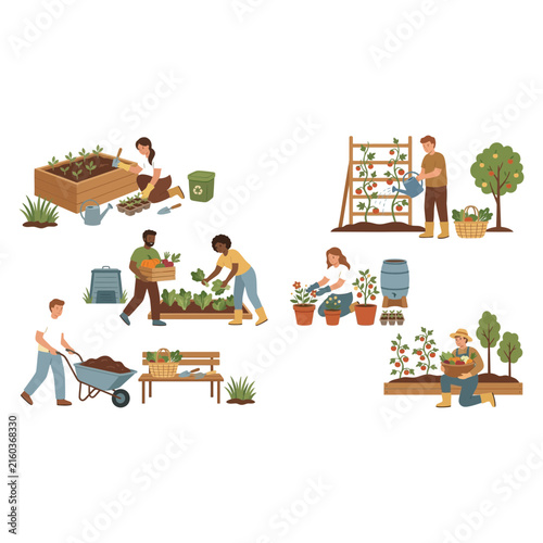 Diverse group of people gardening and farming in a community garden growing organic vegetables and fruits for harvest