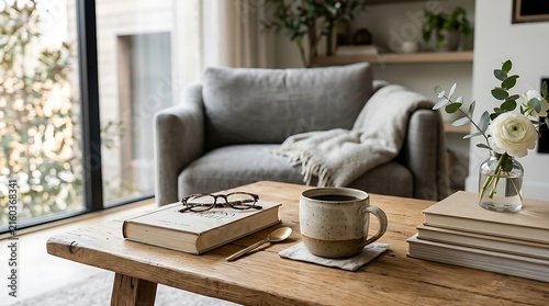 Cozy armchair and coffee table with book and beverage