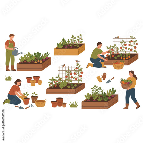 Set of people gardening in raised beds and pots with vegetables and tools for organic home food production