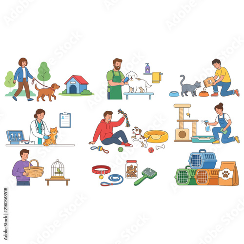 Set of illustrations showing people taking care of their pets including walking grooming feeding and veterinary medical checkups