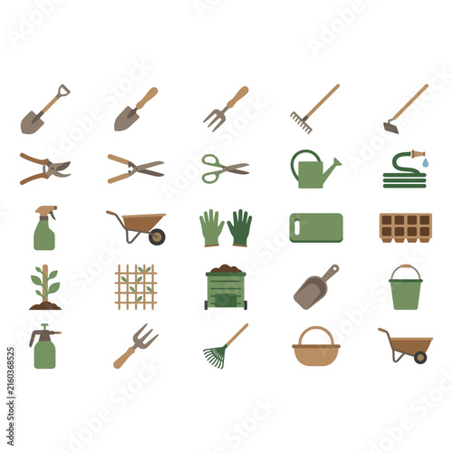 A comprehensive collection of flat vector icons representing various essential gardening tools and equipment for professional landscaping design projects