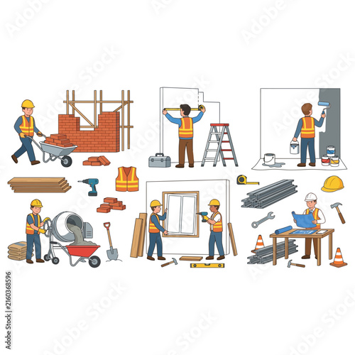 Set of construction workers performing various building tasks including painting measuring bricklaying and planning with blueprints on site