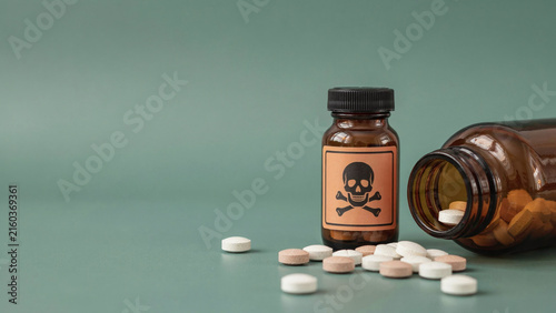 Poison Pills with Toxic Medicine Bottles Representing Drug Safety and Hazard