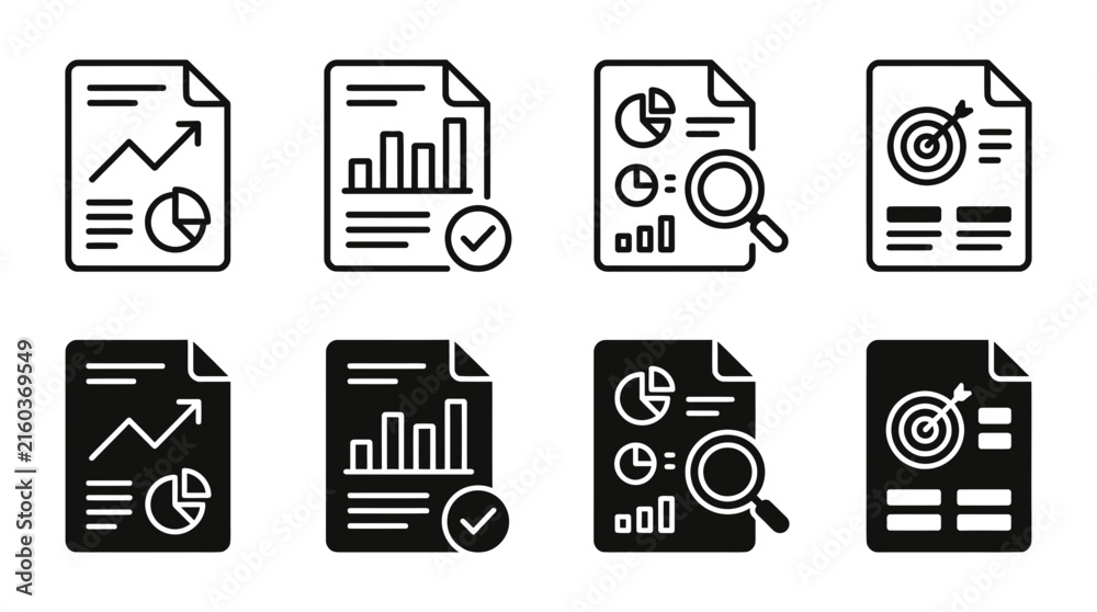 Fototapeta premium Business report document icons featuring charts graphs and target symbols in outline and solid styles, document