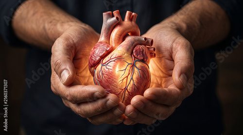 Hands holding glowing anatomical human heart healthcare concept