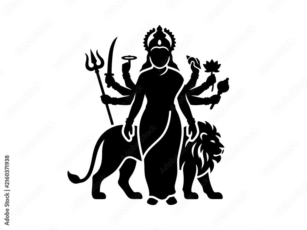 Fototapeta premium Goddess Durga with lion silhouette vector, Hindu goddess standing with weapons and lion vahana illustration