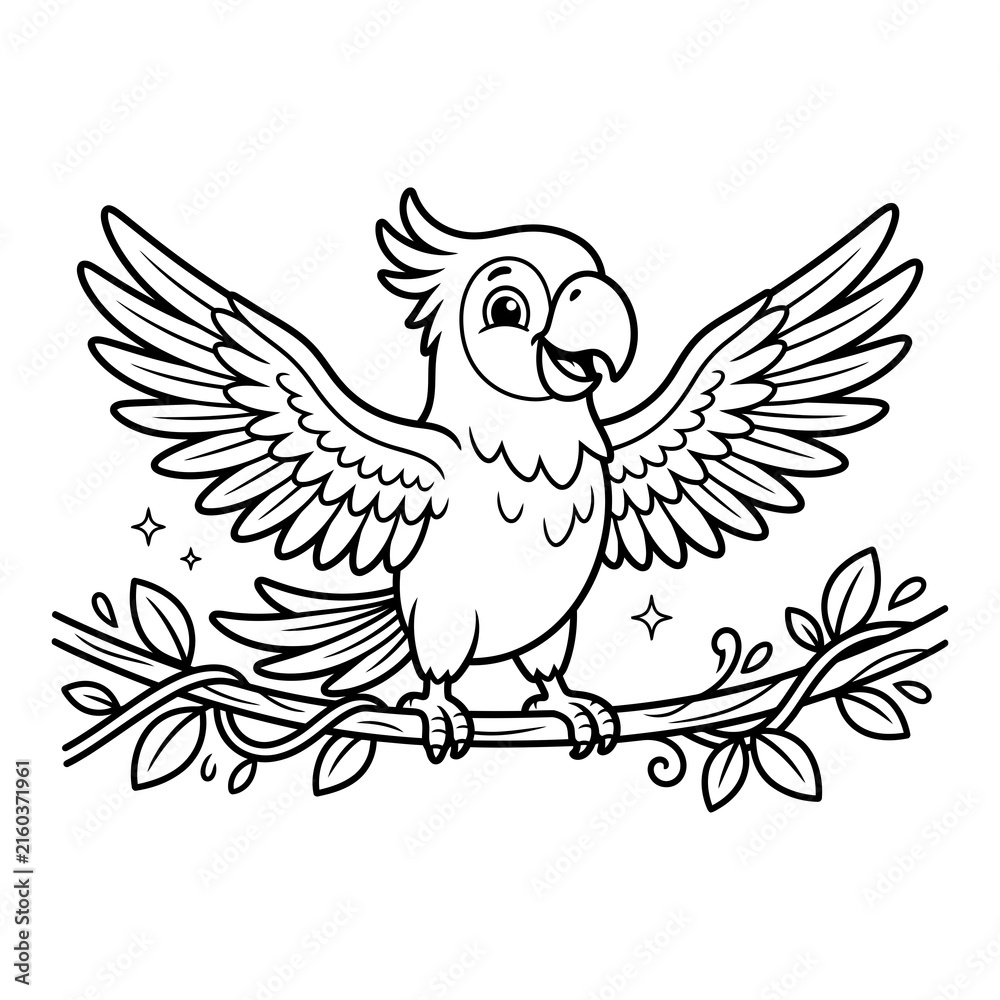 Fototapeta premium Charming cockatoo perched on branch with leaves isolated on transparent background