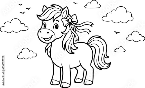 Canvastavla Cute cartoon pony with a bow in hair surrounded by clouds isolated on transparen